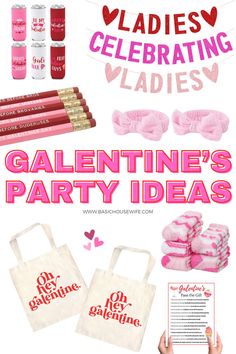 valentine's day party ideas for ladies with pink and white accessories, including tote bags