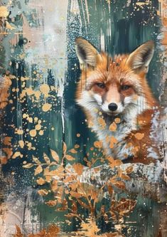 a painting of a fox on a wooden surface with paint splattered over it