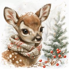 a small deer wearing a scarf next to a christmas tree