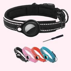 DERLOW Dog Collar with Airtag case Reflective Soft Neoprene Padded Breathable Nylon Pet Collar Adjustable Personalized Dog Collars for Small Medium Large Dogs, Black Blue Orange Pink Light Up Dog Collar, Glow In The Dark Dog Collar, Dogs Black, Airtag Case, Blue Leash And Collar, Led Dog Collar, Personalized Dog