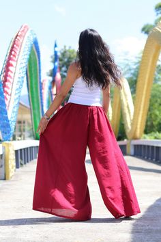 All items are shipped Thailand Post. Free upgrade when you buy 2 items or more.The USA only. Please leave a phone number with orders . Made in 100% cotton soft , light and very comfy . These bell bottom pants have a cute design .They allow you to adjust the bottom of the hemline with 4 ties on the inside of the leg .Tighten the ties to create a draped look , tie loosely for a bell bottom hemline . Fantastic flare of 50''inches . The pants are half lined with an elastic waist band .They flare out Wide Legged Pants, Formal Pants, Pants Dress, Bell Bottom Pants, Flared Pants, Bell Bottom, Palazzo Pants, Pants Color, Soft Light