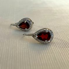 These Are Gorgeous Pear Shaped Garnet Drop Earrings With A Halo Made Of Silver Beads. The Silver Is Stamped 925. Will Ship In Gift Box. Vintage Garnet Earrings, Garnet Earrings Silver, Descendants Oc, Garnet Drop Earrings, Garnet Earrings, Descendants, Earrings Set, Silver Beads, Pear Shaped