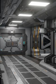 the interior of a sci - fi space station with yellow and gray lights on it