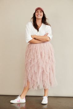 The Chéri is a oui. This top-rated midi skirt features a waterfall of tulle ruffles and delicate, swiss dot embellishments. | The Chéri Ruffled Tulle Midi Skirt by Anthropologie in Pink, Women's, Size: 2 X, Polyester/Rayon/Tulle Tulle Skirts And Biker Boots, Tulle Skirt Plus, Cashmere Sweater Tulle Skirt, Tule Skirt Women, Tulle Skirt Blouse, Sequin Jacket Tulle Skirt, Cheap Tulle Skirt For Spring, Fall Family Photos Tulle Skirt, Cheap Spring Tulle Skirt