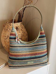 Fashionable Casual Colorful Stripe Woven Women's Shoulder Bag Multicolor Vacation   Polyester Striped Hobo Bag   Women Bags, size features are:Bust: ,Length: ,Sleeve Length: Crochet Green, Summer Fashion Beach, Commuter Bag, Floral Dresses Long, Boho Bag, Summer Crochet, Kids Sleepwear, Green Sweater, Bag Women