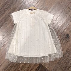 Adorable White T-Shirt Dress With Tulle Overlay And Pearl Accents. Gold Stripes Nwt White Short Sleeve Dress For Dress-up, White Short Sleeve Dress-up Dress, Short Sleeve Tops For Summer Baptism, Cat Print Dress, White Tshirt Dress, Girls Denim Dress, Girls Spring Dresses, Girls Long Sleeve Dresses, Girls Maxi Dresses