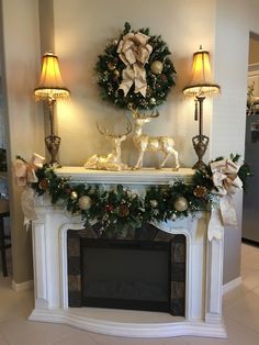 a living room with a fireplace decorated for christmas