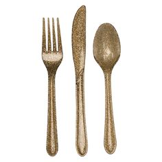 three forks, two spoons and one knife are shown in gold foil on a white background