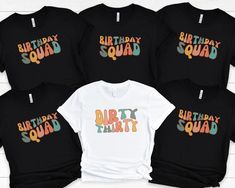 four birthday shirts with the words happy birthday sound printed on them in multicolored letters