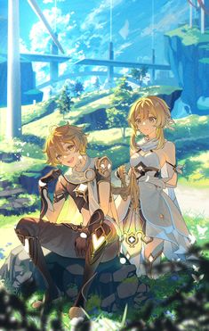 two anime characters sitting on the ground in front of some rocks and grass, with one holding