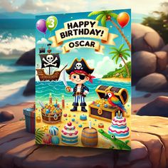 a birthday card with an image of a pirate on the beach