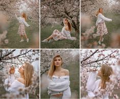 four photos of a woman sitting in the grass with cherry blossoms on her head and arms behind her back