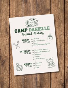 the camp danielle weekend flyer is displayed on a wooden background