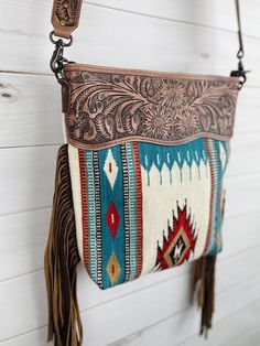 "Beautiful bag! 15\" x 16\" zipper closure at top zipper pocket and open pockets inside removable leather tooled cross body purse strap" Hand Tooled Crossbody Satchel For Travel, Hand Tooled Crossbody Travel Bag, Fringe Handbags, Cross Body Purse, Red And Teal, Red Turquoise, Purse Strap, Tooled Leather, Leather Key