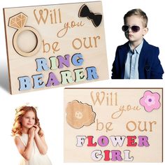 two children's wooden signs with the words will you be your ring bearer and flower girl?