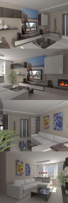 three different views of a living room and dining room from the perspective of an open floor plan