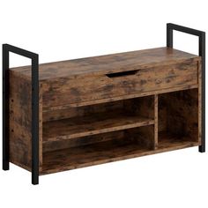 a wooden entertainment center with two open shelves and black metal handles on the bottom shelf