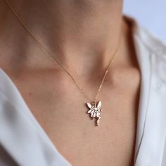 14k Gold Angel Fairy Butterfly Necklace,Gift Ideas For Loved Ones Friendship Good Luck Chain Charm For Women And Girls Monsini NoelJewelry ❤❤【Materials & Specifications:】 - 14K gold pendant charm and Chain - Chain thickness is 0.9mm Necklace dimensions are ❤❤pendant including handle Length :2.00cm (0.78in) ❤❤pendant Width :1.4cm(0.55in) ❤❤【Available in 4 different chain lengths】 42 cm (16.5 in) 44 cm (17.3 in) 46 cm (18.1 in) 48 cm (18.8 in) ❤❤Gold Color Option : Yellow Gold,Rose Gold White Fairy Pendant Jewelry Gift, Fairy Style Pendant Jewelry Gift, Whimsical Yellow Gold Jewelry For Gifts, Whimsical Yellow Gold Jewelry Gift, Fairy Style Gold Jewelry For Gift, Fairy Style Jewelry With Butterfly Charm For Gift, Necklace Gift Ideas, Guardian Angel Necklace, Fairy Butterfly