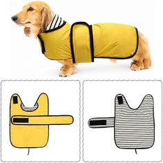 a dog wearing a yellow rain coat and bib with black stripes on the side