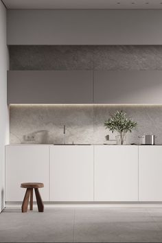 a modern kitchen with white cabinets and counter tops, along with a plant in the center