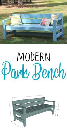 a bench made out of wood with the words modern park bench in blue and white