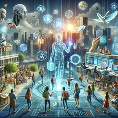 a group of people standing around in front of a cityscape with an image of a human being surrounded by technology