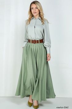 Walking Skirt, Full Flared Skirt, Long Linen Skirt, Green Pleated Skirt, Linen Maxi Skirt, Blue Pleated Skirt, Skirt Linen, Maxi Skirt Style, Maxi Rok