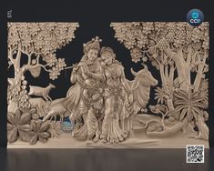 an intricately carved wood carving depicting the birth of venus and her child, surrounded by animals