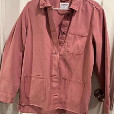 Rose Colored Denim Jacket/Oversized Shirt Style. Never Worn Buttons Down The Front With 2 Pockets. Casual Pink Outerwear For Everyday, Trendy Pink Everyday Outerwear, Pink Cotton Outerwear For Work, Pink Cotton Outerwear With Snap Buttons, Pink Relaxed Fit Button-up Outerwear, Pink Relaxed Fit Outerwear For Work, Coloured Denim Jacket, Denim Jacket Oversized, Navy Jacket