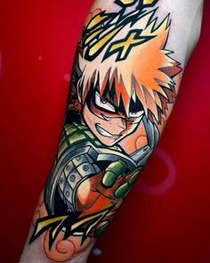 an arm tattoo with anime characters on it