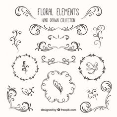 floral elements and ornamental designs in black and white