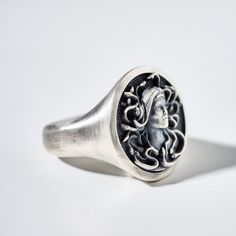 Gorgon Medusa, Ancient Greek, Women's Ring, Personalized Gift, Men's Ring, Silver Ring, Handmade Jewelry, Gift for Best Friend  Medusa Ring The unfortunate Medusa, whose beauty is legendary, He lived with his two sisters in the Temple of Athena... Poseidon, the husband of Athena, the God of the seas, also fell in love with her... When Athena heard about this forbidden love, she went crazy with anger. She cursed Medusa... Her curse was her beauty... Innocent Medusa got her share of Athena's terri Gift Signet Ring With Oxidized Finish, Collectible Oxidized Finish Signet Ring, Gorgon Medusa, Medusa Ring, Snake Hair, Gift For Best Friend, Handmade Jewelry Gift, Men's Ring, Ancient Greek