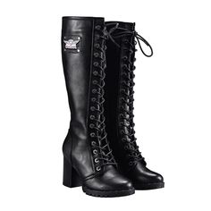 PRICES MAY VARY. STYLISH AND SEXY BOOTS - The knee high boots for women are perfect combination of fashion and comfort. Laces with other fashion elements make the biker boots stylish. The black knee high boots will go well with jeans, short dress and leggings. Suitable for riding, shopping, daily wear, club, party and so on. WATER RESISTANT CONSTRUCTION - With waterproof upper and sole, seam-sealed construction offers protection against wetness and keeps your feet dry. PU leather with soft and s Riders Logo, Lace Up Knee High Boots, Pvc Boots, Motorcycle Riding Boots, Motorcycle Riding Gear, Knee High Boots Black, Leather Western Boots, Black Knee High Boots, Black Motorcycle