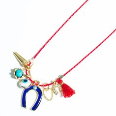 Our All The Luck Charm Necklace is perfect for layering or wearing alone. Handmade with 100% silk red string and 14k gold filled lobster clasp for extra security. Charms include our classic ceramic evil eye, gold spike, enameled horse shoe, turquoise droplet gem, and red tassel. This charm necklace is made to be 16" long but can be any length you choose, simply leave a note with instructions at checkout. The perfect gift for yourself or someone special awaits, and arrives perfectly packaged in o Ceramic Evil Eye, Wearing All Black, Red String, Swarovski Stones, Luck Charm, Forever Jewelry, Horse Shoe, Luck Charms, Lovely Things