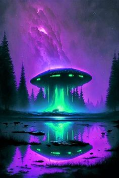 an alien spaceship floating in the air over a lake under a purple and green sky