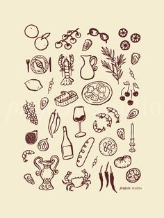 a drawing of food and drinks on a beige background with the words,'i love you