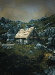 a painting of a hut in the middle of a rocky field with grass and rocks