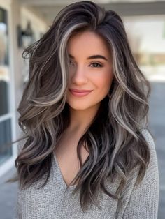 Silver Highlights On Dark Hair, How To Go Gray, Dark Grey Hair Color, Chocolate Brown Balayage, Trendy Balayage, Dark Hair Color Ideas, Dark Hair Color, Hair Color Ideas For Winter