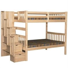 a wooden bunk bed with stairs and drawers on the bottom level, against a white background