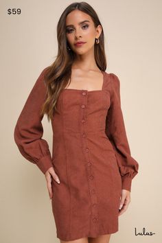 The Lulus Posh Promise Brown Corduroy Long Sleeve Button-Up Mini Dress has plenty of styling potential for a season full of perfect autumn ensembles! Sturdy corduroy shapes this retro-inspired dress that features a princess-seamed bodice, a trendy square neckline, and long, balloon-style sleeves with button cuffs. A functional button placket continues through the fitted waist and down the front of the figure-skimming, A-line mini skirt. Fit: This garment fits true to size. Length: Mid-thigh. Siz Corduroy Outfits, Fall Photo Outfits, Fall Thrift, Baby Shower Outfit For Guest, Retro Inspired Dress, Church Fits, Skirt Outfits Fall, Bodycon Dresses Casual, Fall 24