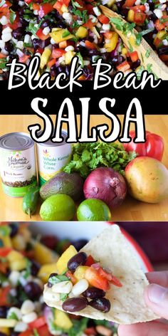 black bean salsa in a bowl with tortilla chips and limes on the side