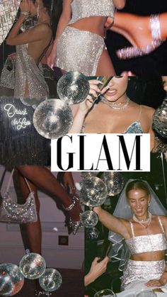 the collage shows several different pictures of women in dresses and accessories, including disco balls