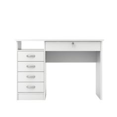 a white desk with four drawers and one drawer on the bottom, in front of a white background