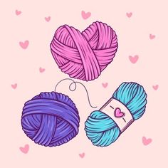 two balls of yarn and a ball of thread on a pink background with hearts illustration