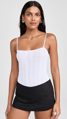 COUCOU The Thong Bodysuit | Shopbop Fitted Pointelle Knit Camisole For Summer, Fitted Pointelle Knit Camisole, Pointelle Knit, White Brand, Square Necklines, Healthcare Professionals, Square Neckline, Lace Trim, Top Brands