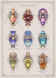 the different types of perfume bottles are shown in this illustration, and they appear to be from