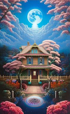 a painting of a house surrounded by flowers and trees with a full moon in the background