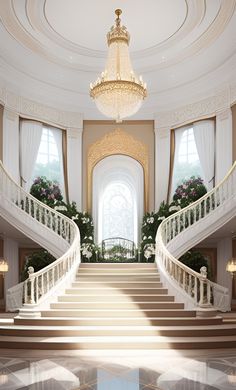 an elegant staircase with chandelier and flowers in the center, leading to another room