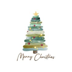 a watercolor christmas tree with the words merry christmas