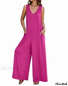 Olivia Mark - Sleeveless Wide Leg Jumpsuit with Pockets - Casual and Loose-Fitting One-Piece Baggy Jumpsuit, Wide Leg Lounge Pants, Comfortable Loungewear, Overall Jumpsuit, Loungewear Jumpsuit, Beach Maxi Dress, Loungewear Set, Sleeveless Jumpsuits, Wide Leg Jumpsuit